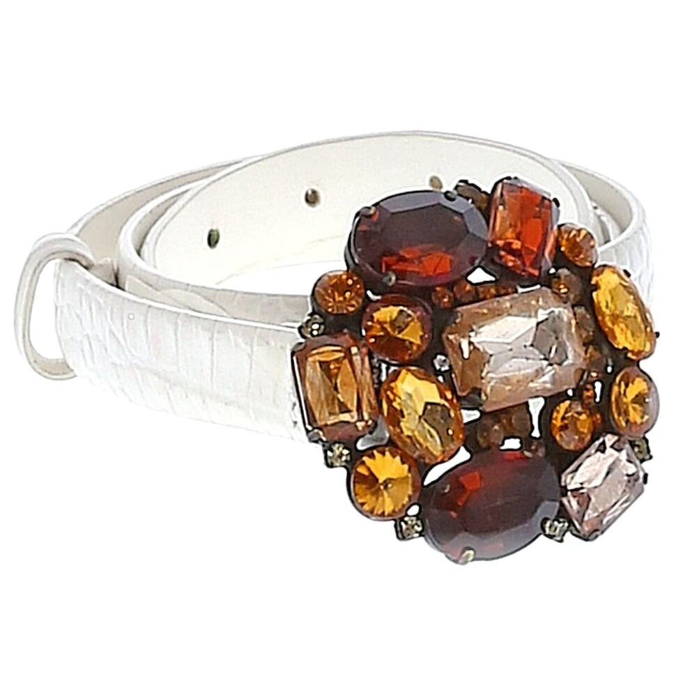 FABRIZIO MANCINI white leather croc embossed jewel buckle skinny belt 80 S / M